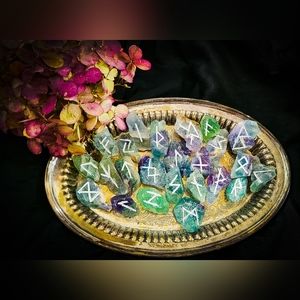 Fluorite Handmade Runestone Set - Nordic Heathen Runes - Pagan Alter Supplies